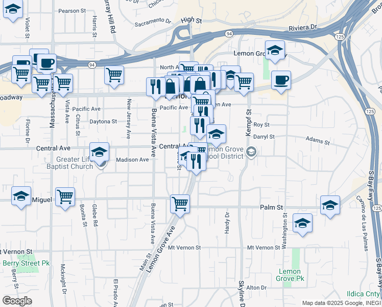 map of restaurants, bars, coffee shops, grocery stores, and more near 3050 Main Street in Lemon Grove
