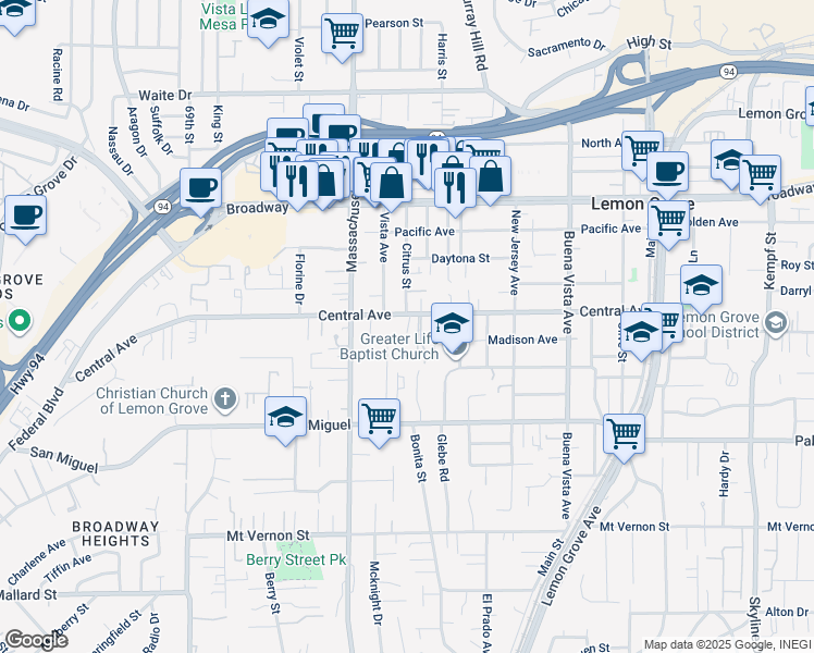 map of restaurants, bars, coffee shops, grocery stores, and more near 3107 Citrus Street in Lemon Grove