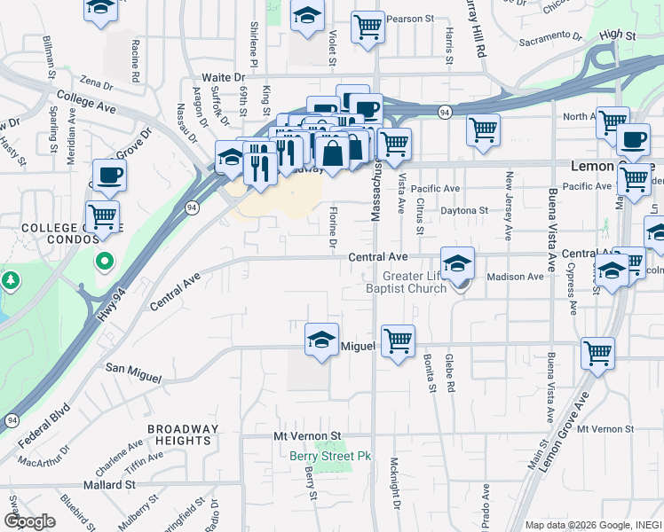map of restaurants, bars, coffee shops, grocery stores, and more near 7094 Central Avenue in Lemon Grove