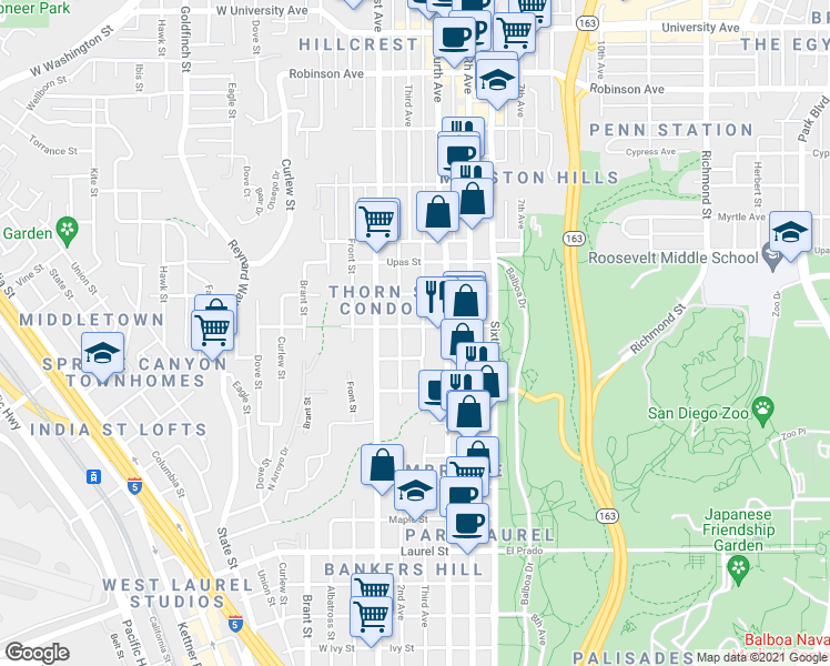 map of restaurants, bars, coffee shops, grocery stores, and more near 3200 Fourth Avenue in San Diego