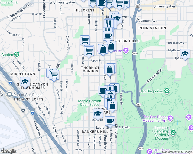 map of restaurants, bars, coffee shops, grocery stores, and more near 3200 Fourth Avenue in San Diego