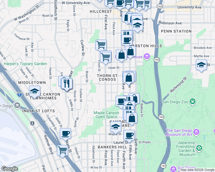 map of restaurants, bars, coffee shops, grocery stores, and more near 3200 2nd Avenue in San Diego