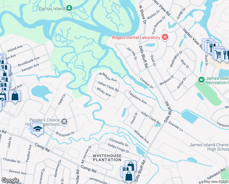map of restaurants, bars, coffee shops, grocery stores, and more near 1307 Julian Clark Road in Charleston