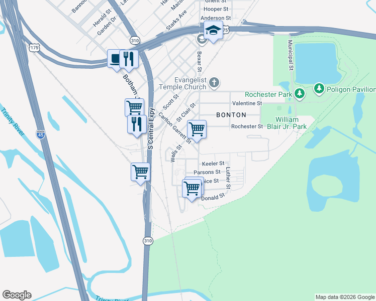 map of restaurants, bars, coffee shops, grocery stores, and more near 6307 Municipal Street in Dallas