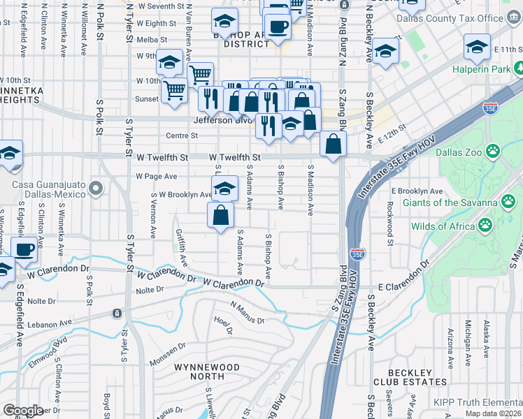 map of restaurants, bars, coffee shops, grocery stores, and more near 426 West Brooklyn Avenue in Dallas