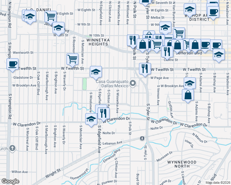 map of restaurants, bars, coffee shops, grocery stores, and more near 706 South Winnetka Avenue in Dallas