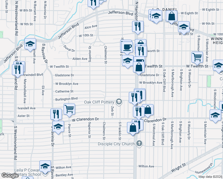 map of restaurants, bars, coffee shops, grocery stores, and more near 2542 West Brooklyn Avenue in Dallas