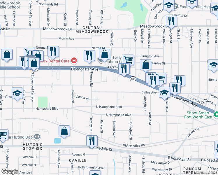 map of restaurants, bars, coffee shops, grocery stores, and more near 5201 Panola Avenue in Fort Worth