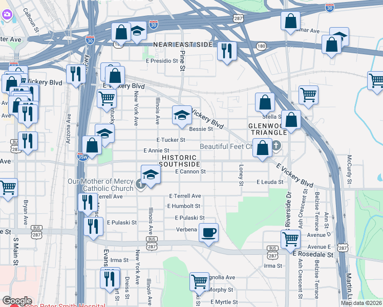 map of restaurants, bars, coffee shops, grocery stores, and more near 1225 East Annie Street in Fort Worth