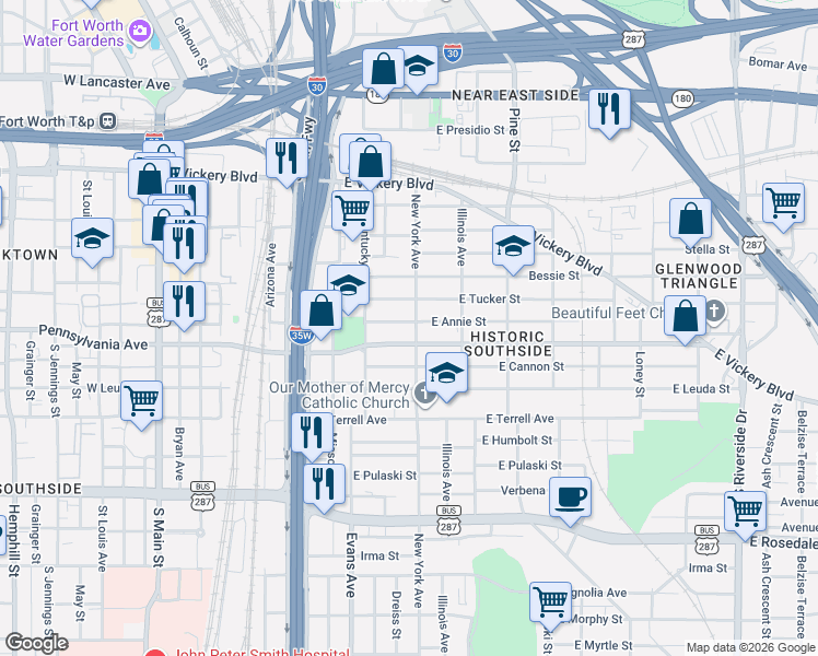 map of restaurants, bars, coffee shops, grocery stores, and more near 1005 East Annie Street in Fort Worth
