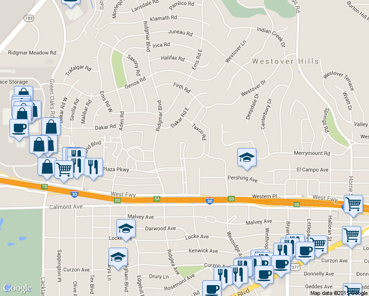 map of restaurants, bars, coffee shops, grocery stores, and more near 2303 Ridgmar Plaza in Fort Worth