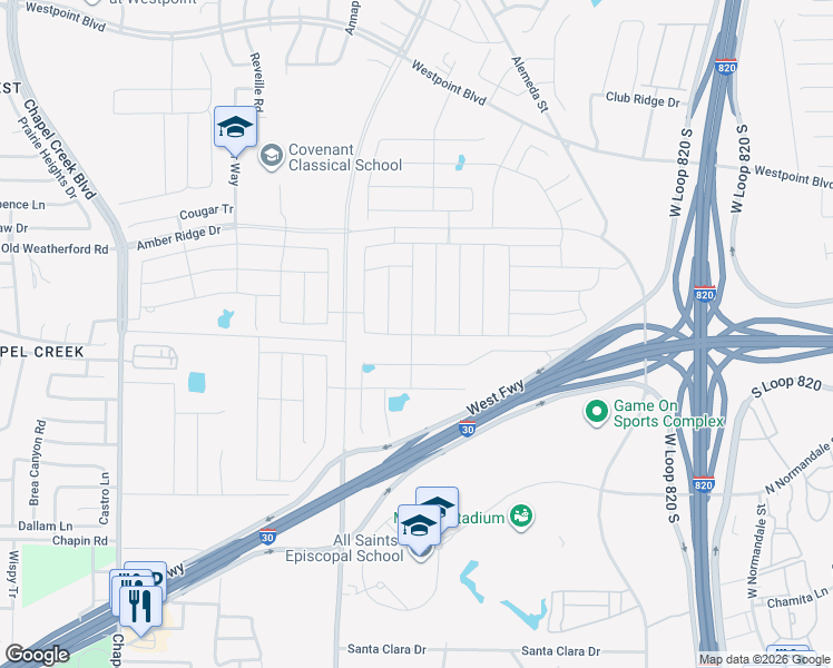 map of restaurants, bars, coffee shops, grocery stores, and more near 2312 Denmark Lane in Fort Worth
