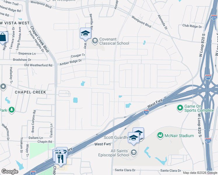 map of restaurants, bars, coffee shops, grocery stores, and more near 2305 Myrtle Beach Drive in Fort Worth