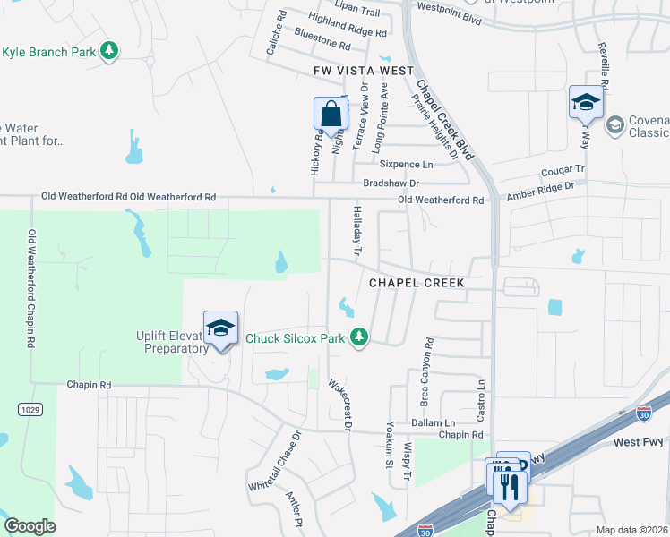 map of restaurants, bars, coffee shops, grocery stores, and more near 2328 Wakecrest Drive in Fort Worth