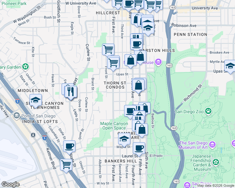map of restaurants, bars, coffee shops, grocery stores, and more near 3162 2nd Avenue in San Diego