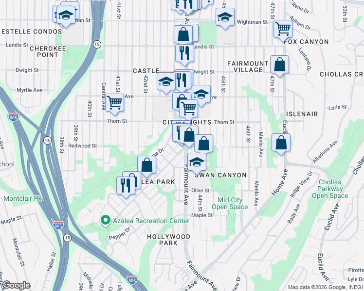 map of restaurants, bars, coffee shops, grocery stores, and more near 3082 Fairmount Avenue in San Diego