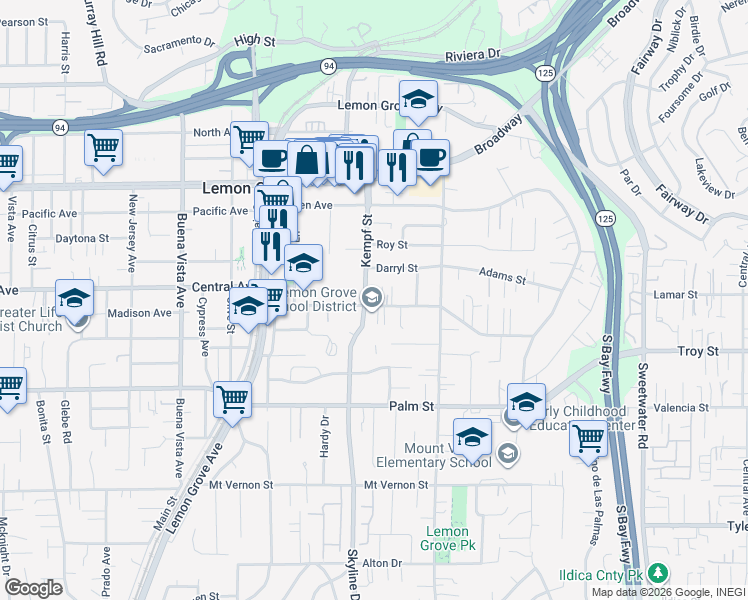 map of restaurants, bars, coffee shops, grocery stores, and more near 3055 Julielynn Way in Lemon Grove