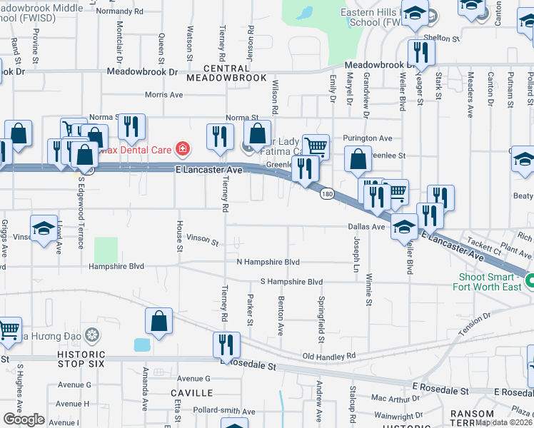 map of restaurants, bars, coffee shops, grocery stores, and more near 5201 Panola Avenue in Fort Worth