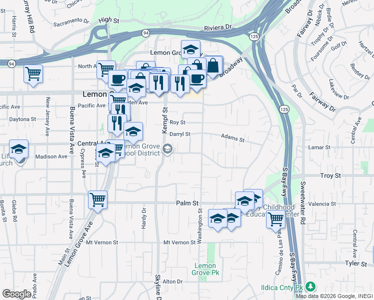 map of restaurants, bars, coffee shops, grocery stores, and more near 8150 Lincoln Street in Lemon Grove