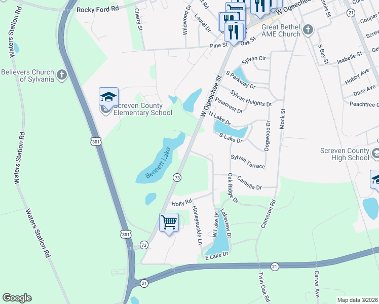 map of restaurants, bars, coffee shops, grocery stores, and more near 803 West Ogeechee Street in Sylvania