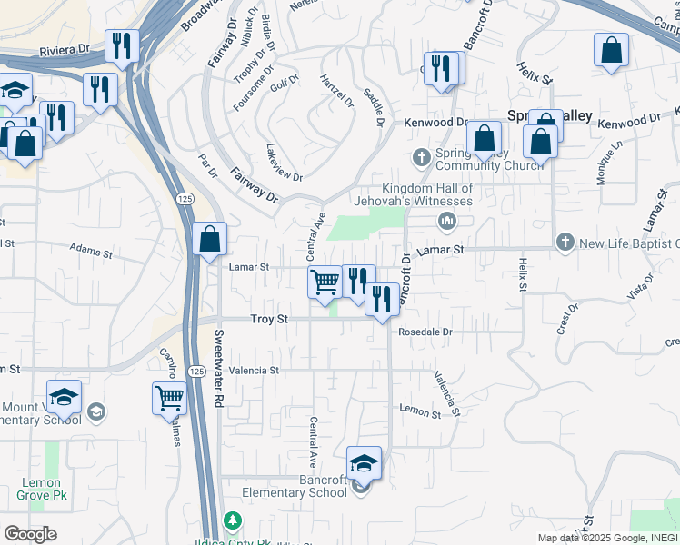 map of restaurants, bars, coffee shops, grocery stores, and more near 8861 Lamar Street in Spring Valley
