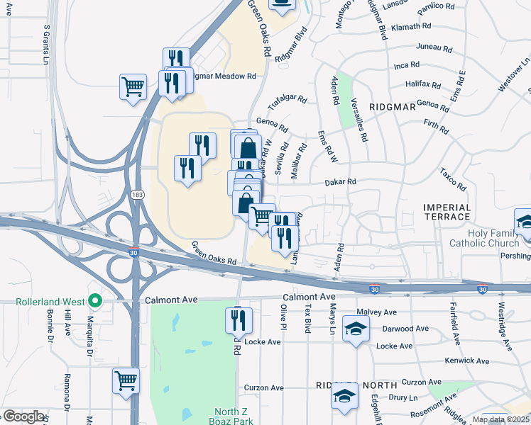 map of restaurants, bars, coffee shops, grocery stores, and more near 2151 Green Oaks Road in Fort Worth