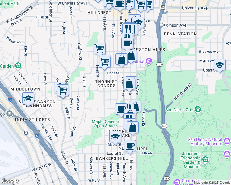 map of restaurants, bars, coffee shops, grocery stores, and more near 237 Spruce Street in San Diego