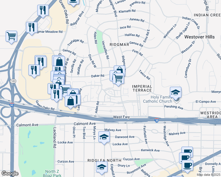 map of restaurants, bars, coffee shops, grocery stores, and more near 1024 Park Villa Apartment in Fort Worth