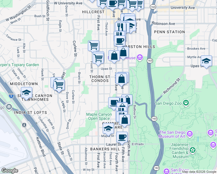 map of restaurants, bars, coffee shops, grocery stores, and more near 3200 Fourth Avenue in San Diego