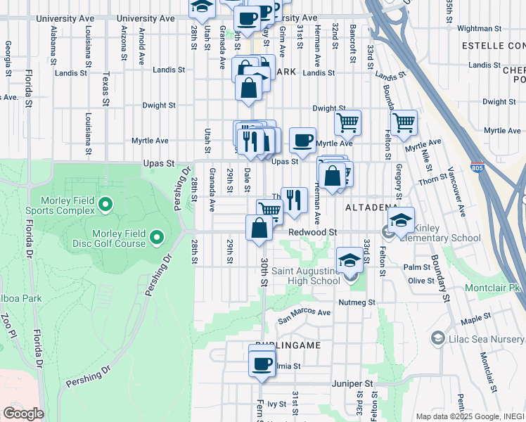 map of restaurants, bars, coffee shops, grocery stores, and more near 3204 30th Street in San Diego