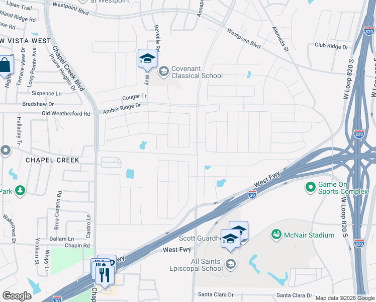 map of restaurants, bars, coffee shops, grocery stores, and more near 2305 Myrtle Beach Drive in Fort Worth