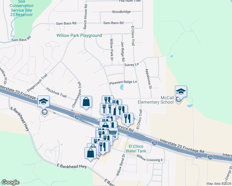 map of restaurants, bars, coffee shops, grocery stores, and more near 210 Ranch House Road in Willow Park
