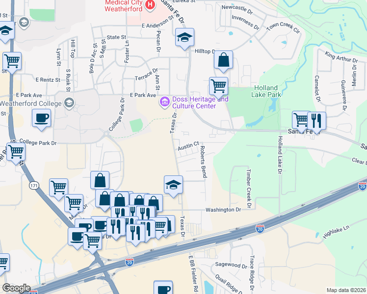 map of restaurants, bars, coffee shops, grocery stores, and more near 939 Austin Court in Weatherford