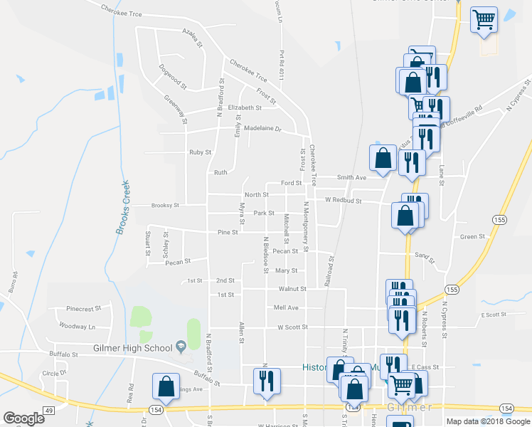 map of restaurants, bars, coffee shops, grocery stores, and more near 1100 North Bledsoe Street in Gilmer