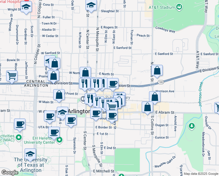 map of restaurants, bars, coffee shops, grocery stores, and more near 319 East Division Street in Arlington