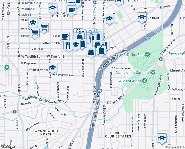 map of restaurants, bars, coffee shops, grocery stores, and more near 206 West Brooklyn Avenue in Dallas