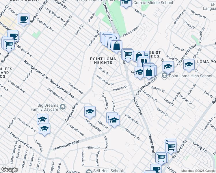 map of restaurants, bars, coffee shops, grocery stores, and more near 3951 Atascadero Drive in San Diego