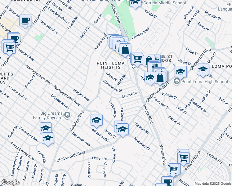 map of restaurants, bars, coffee shops, grocery stores, and more near 3951 Atascadero Drive in San Diego