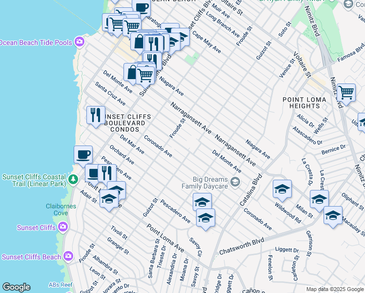 map of restaurants, bars, coffee shops, grocery stores, and more near Santa Cruz Avenue in San Diego