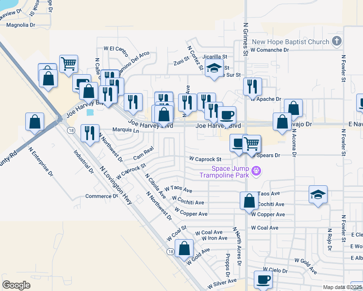 map of restaurants, bars, coffee shops, grocery stores, and more near 3541 Central Drive in Hobbs
