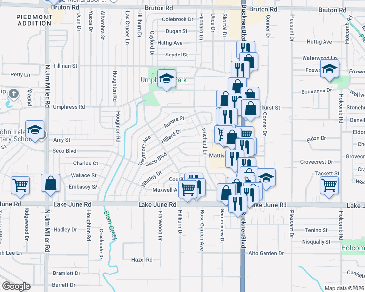 map of restaurants, bars, coffee shops, grocery stores, and more near 7809 Seco Boulevard in Dallas