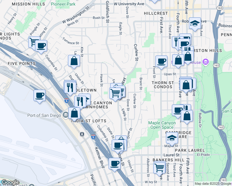 map of restaurants, bars, coffee shops, grocery stores, and more near 3180 Reynard Way in San Diego