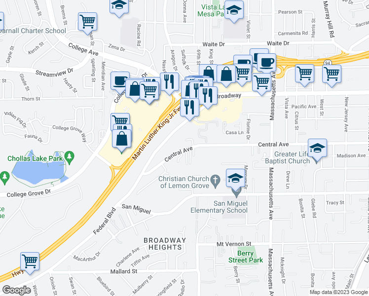 map of restaurants, bars, coffee shops, grocery stores, and more near 6832 Central Avenue in Lemon Grove