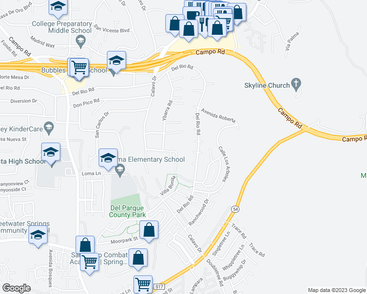 map of restaurants, bars, coffee shops, grocery stores, and more near 10736 Eureka Road in Spring Valley