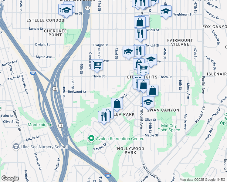 map of restaurants, bars, coffee shops, grocery stores, and more near 3126 42nd Street in San Diego