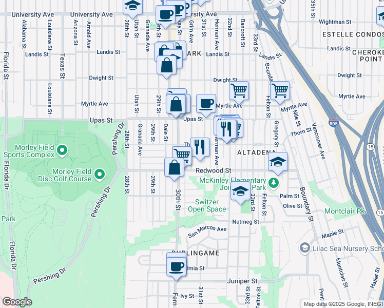 map of restaurants, bars, coffee shops, grocery stores, and more near 3236 31st Street in San Diego