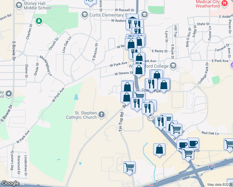map of restaurants, bars, coffee shops, grocery stores, and more near 204 Wiggs Lane in Weatherford