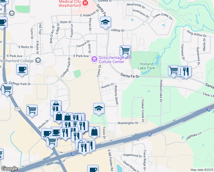 map of restaurants, bars, coffee shops, grocery stores, and more near 938 Austin Court in Weatherford