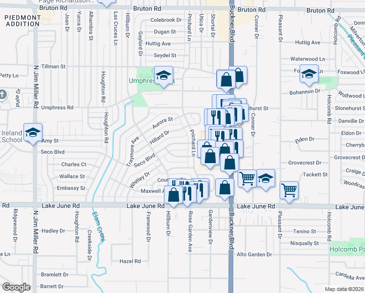 map of restaurants, bars, coffee shops, grocery stores, and more near 7839 Seco Boulevard in Dallas