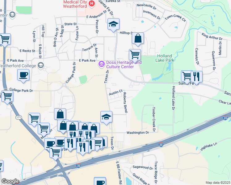 map of restaurants, bars, coffee shops, grocery stores, and more near 940 Austin Court in Weatherford